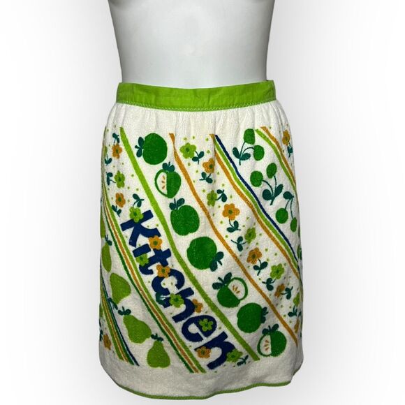 Vintage 1970s Royal Terry Kitchen Apples & Pears Green & White Terry Cloth Apron - Picture 1 of 12